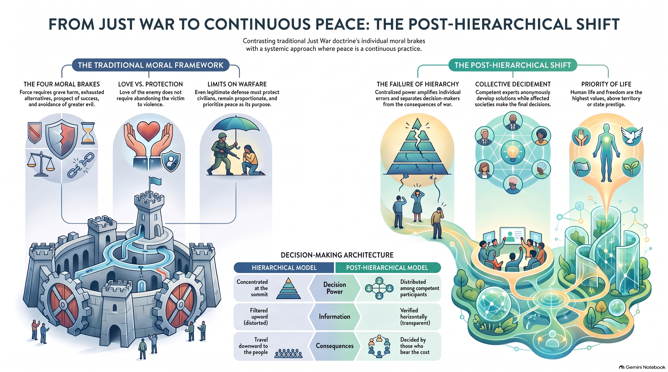 An infographic contrasts the traditional hierarchical model of just war with a post-hierarchical architecture of peace based on distributed intelligence, collective decidement, horizontal verification, and the priority of human life.