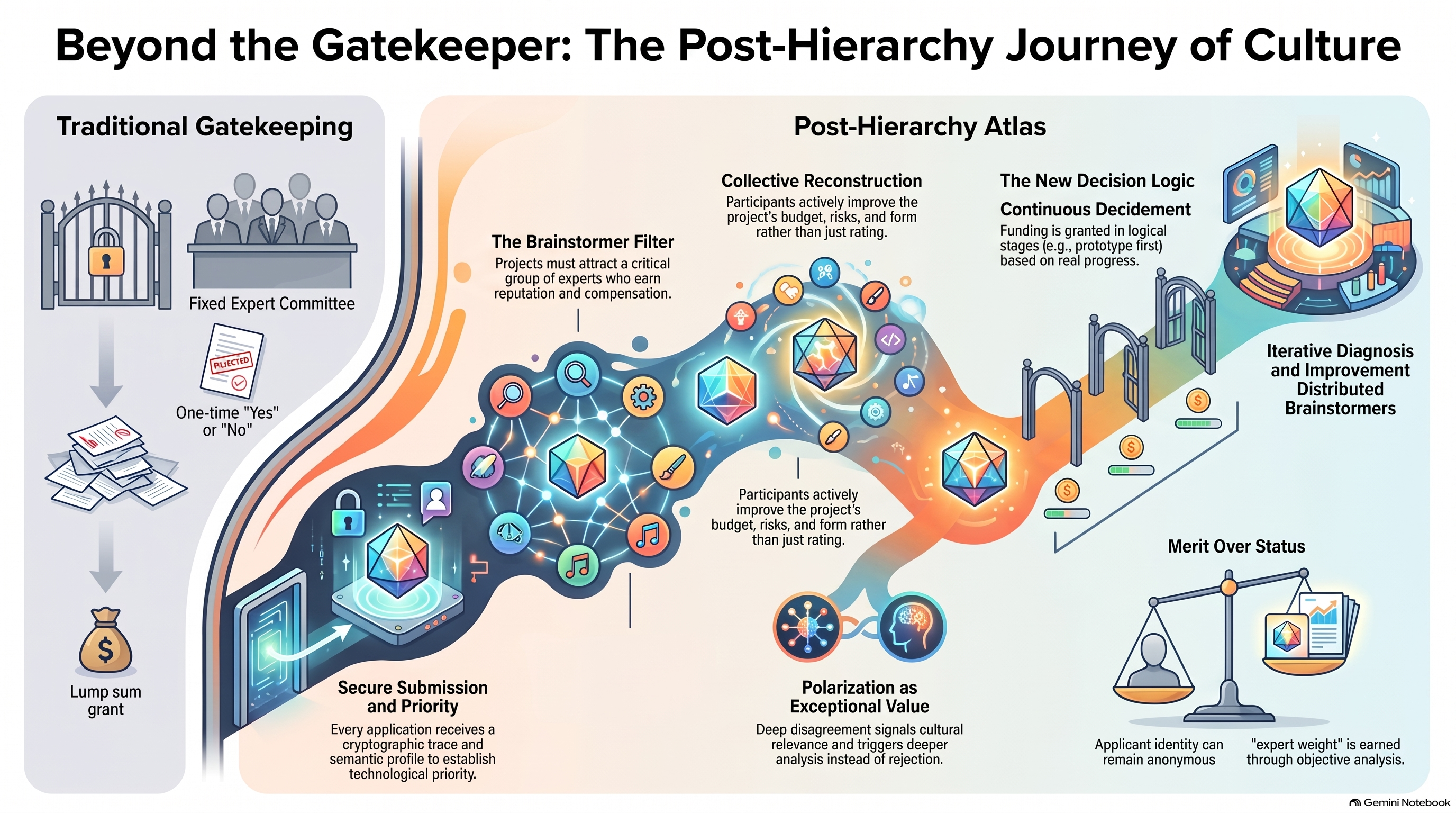 Infographic titled “Beyond the Gatekeeper: The Post-Hierarchy Journey of Culture,” contrasting traditional gatekeeping with the Post-Hierarchy Atlas, including secure submission, brainstormer filtering, collective reconstruction, continuous decidement, iterative diagnosis, distributed brainstormers, and merit over status.