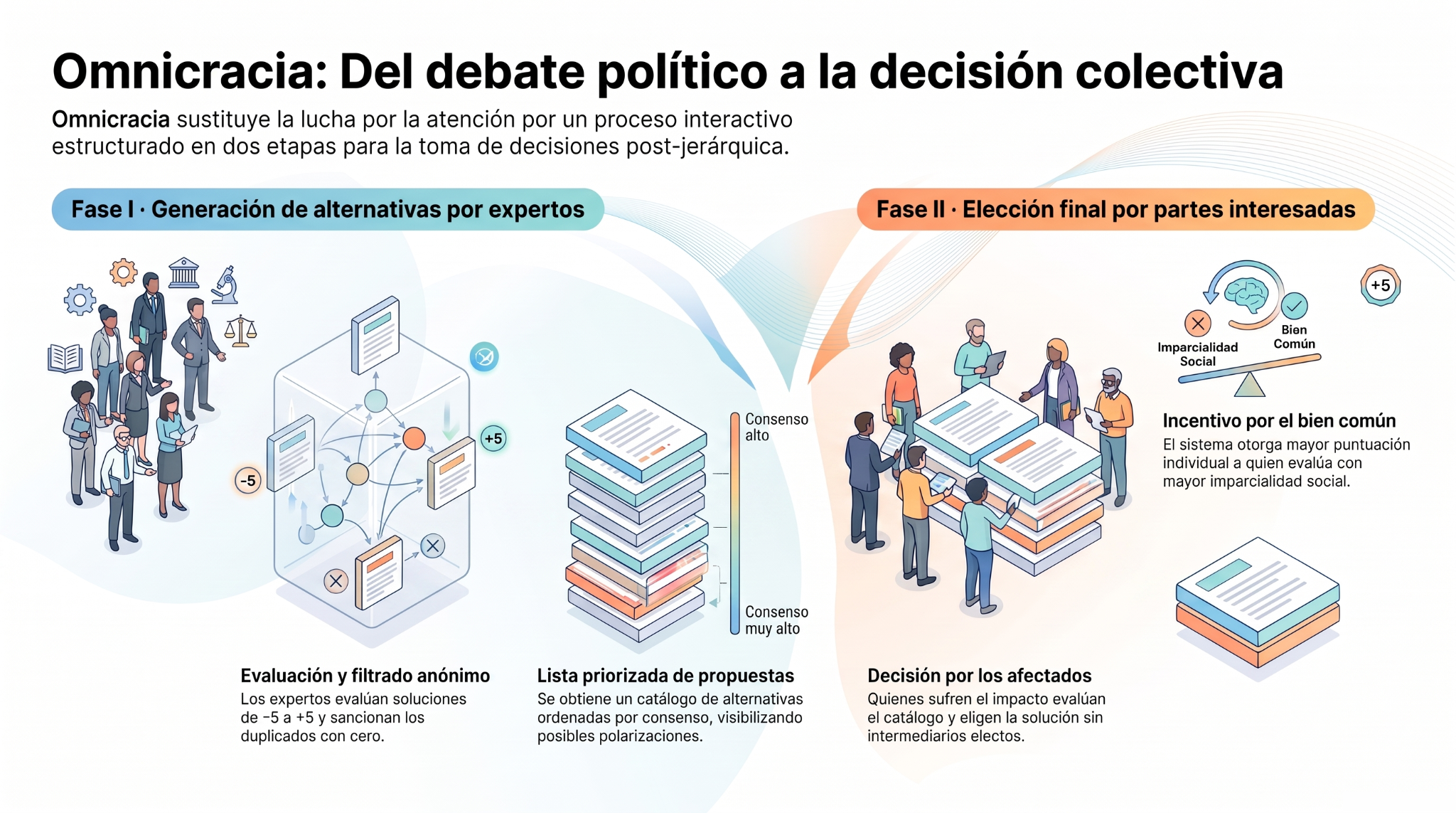Omnicracia: del debate político a la decisión colectiva en dos etapas, con expertos y partes interesadas.