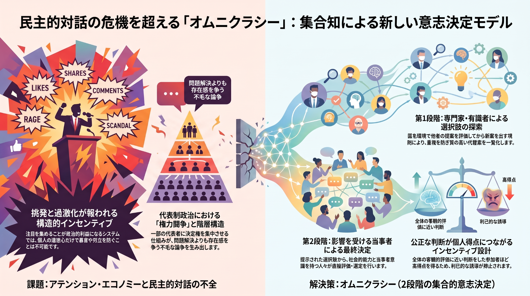 オムニクラシー:注目の奪い合いから二段階の集合的ディサイドメントへ。専門家による代替案の探索、利害関係者による最終選択、アルゴリズムの機械的役割を示す図。