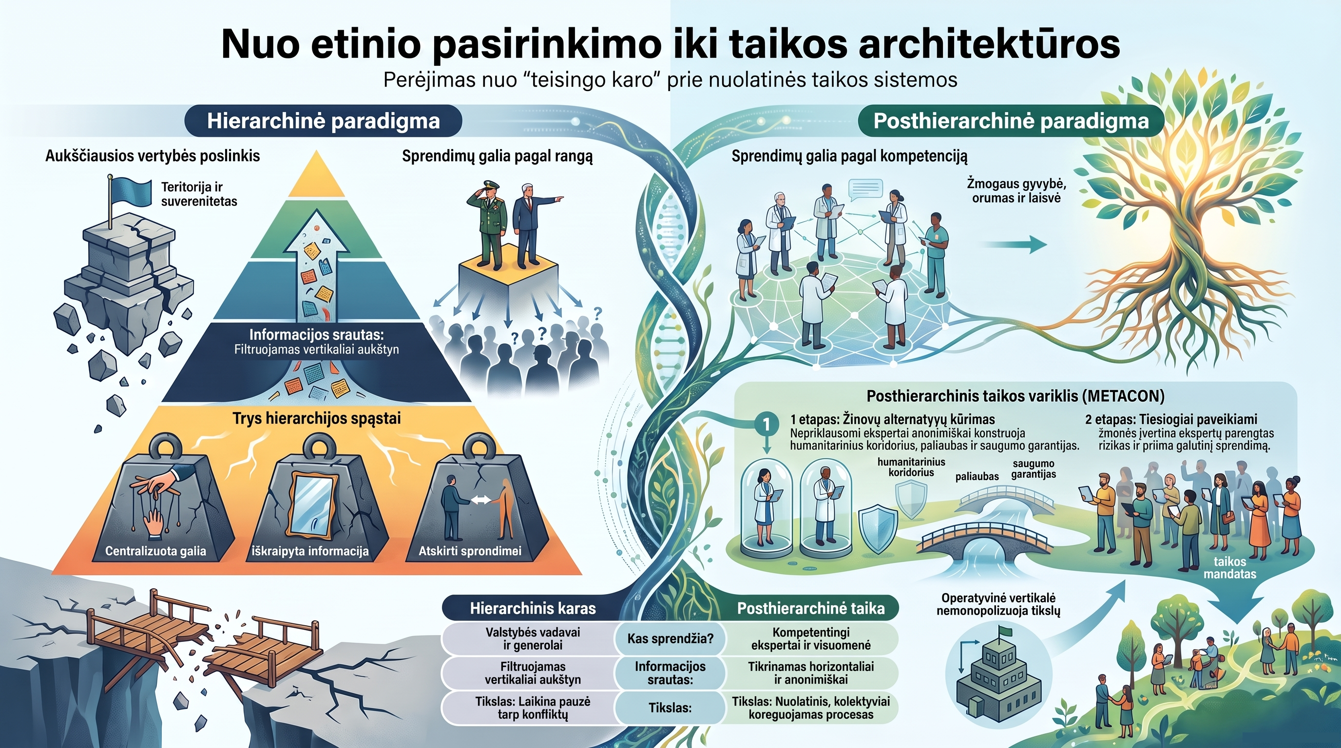 Infografikas palygina tradicinę hierarchinę teisingo karo architektūrą ir posthierarchinį perėjimą prie taikos, pagrįstą paskirstytu intelektu, kolektyvine sprendyba, horizontalia patikra ir žmogaus gyvybės pirmenybe.