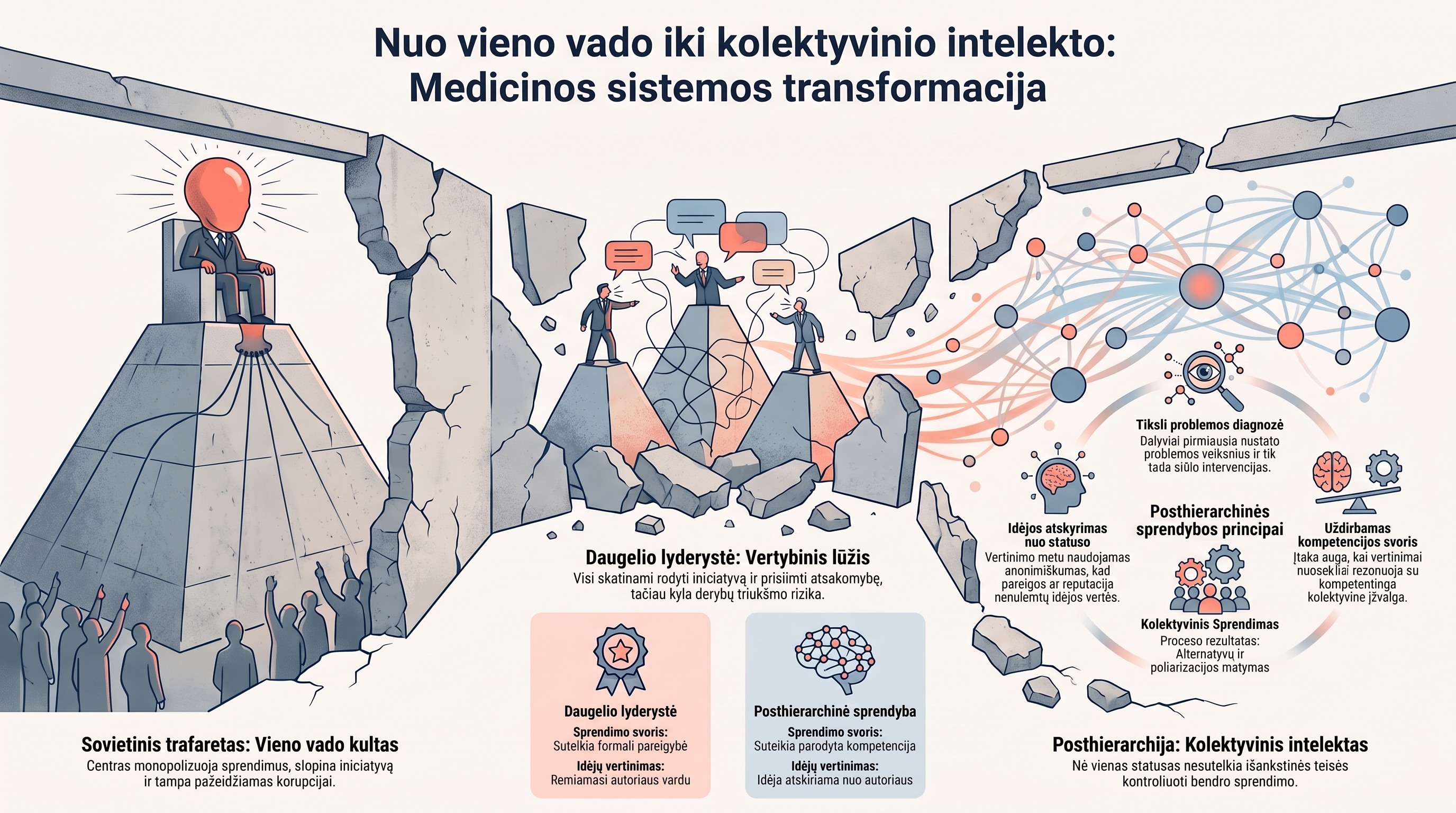 Infografika „Nuo vieno vado iki kolektyvinio intelekto“, vaizduojanti medicinos sistemos perėjimą nuo vieno vado kulto per daugelio lyderystę į posthierarchinę sprendybą.