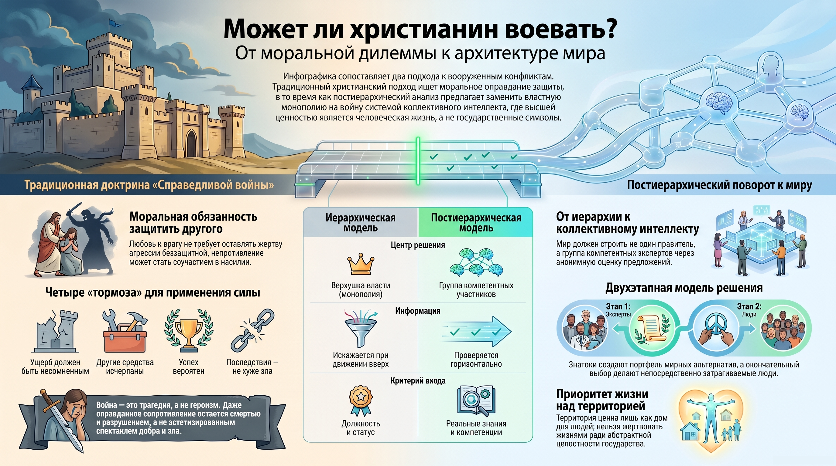 Инфографика сравнивает христианскую этику справедливой войны с постиерархическим путём к миру, показывая роль коллективного интеллекта, приоритет человеческой жизни и ограничения властной вертикали.