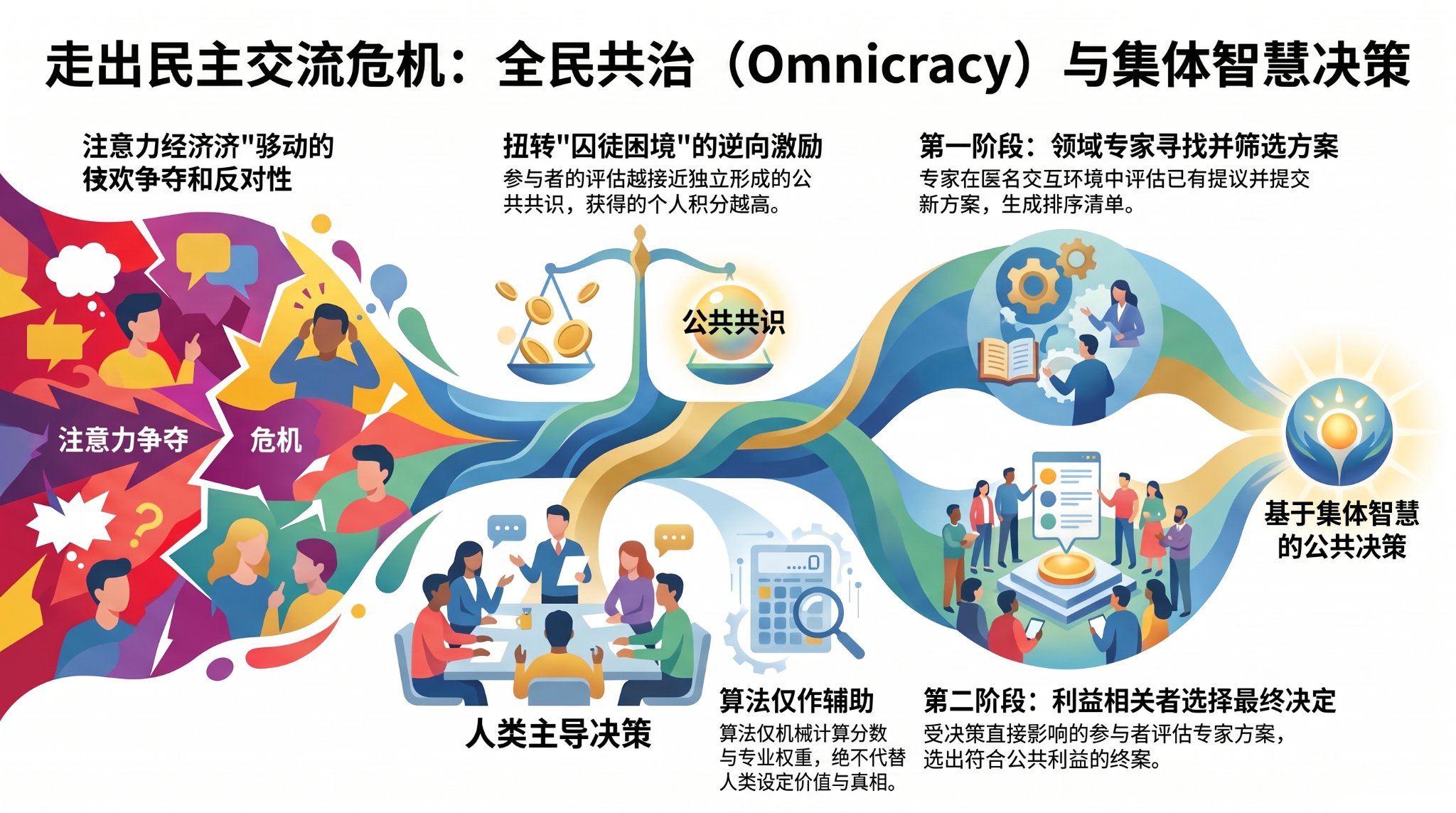 全民共治与集体智慧决策：注意力争夺转向两阶段方案发现和选择的示意图