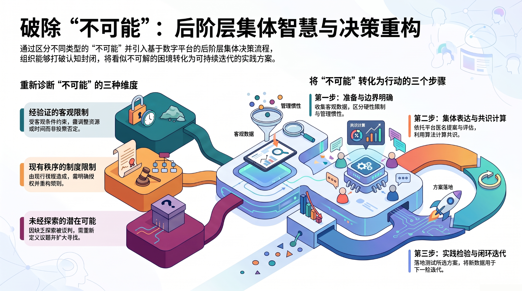 破除不可能:後階層集體智慧與決策重構。圖解區分經驗證的客觀限制、現有制度的限制及尚未探索的可能性,並呈現釐清問題、在同一平台上匿名提案與評估,以及執行方案後檢驗結果的過程。